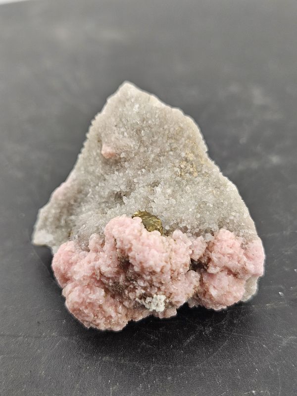 Pink Rhodochrosite roses w/Stilbite on Quartz
