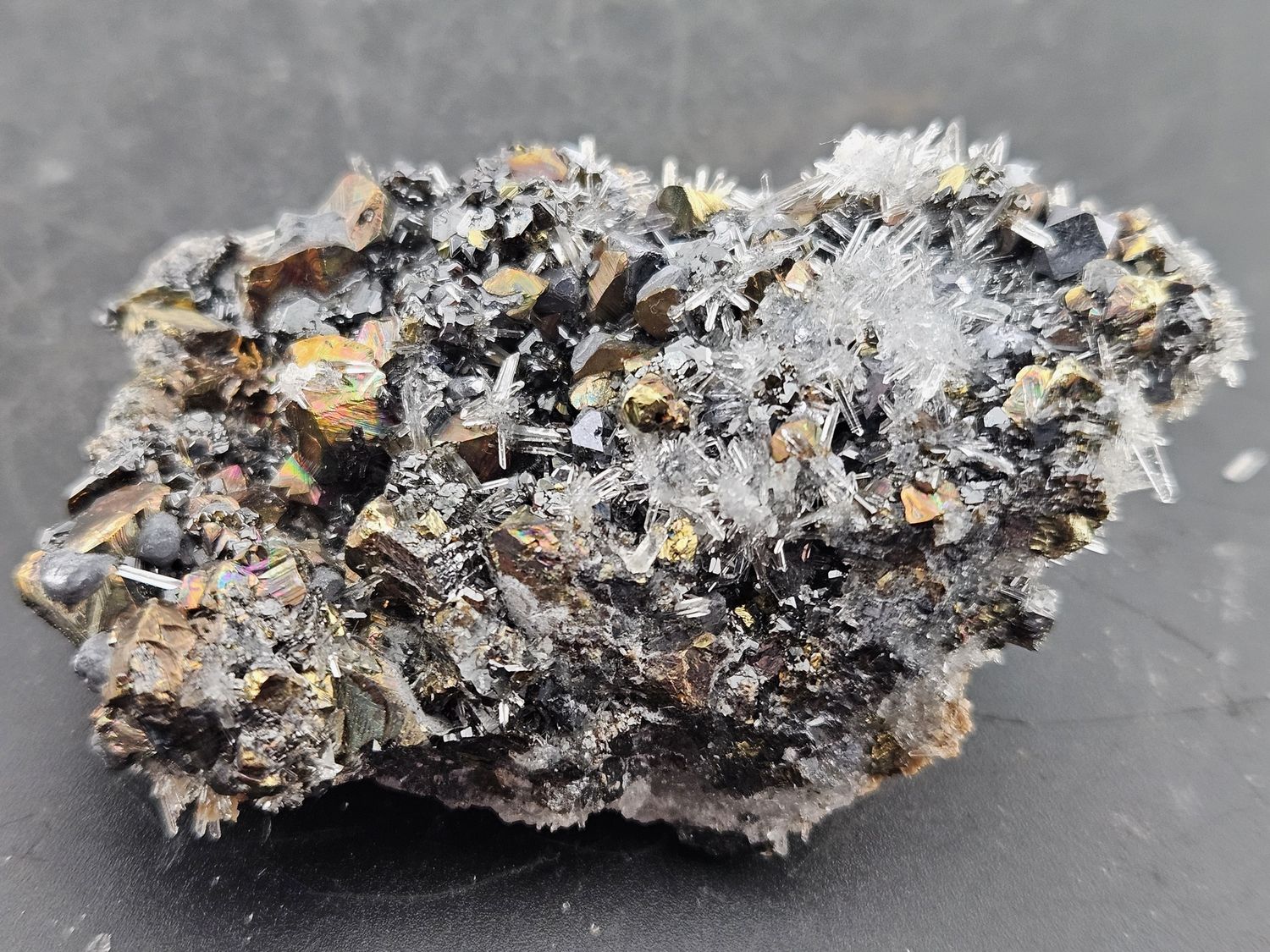 Needle Quartz w/Spahalerite and Chalcopyrite on Galena
