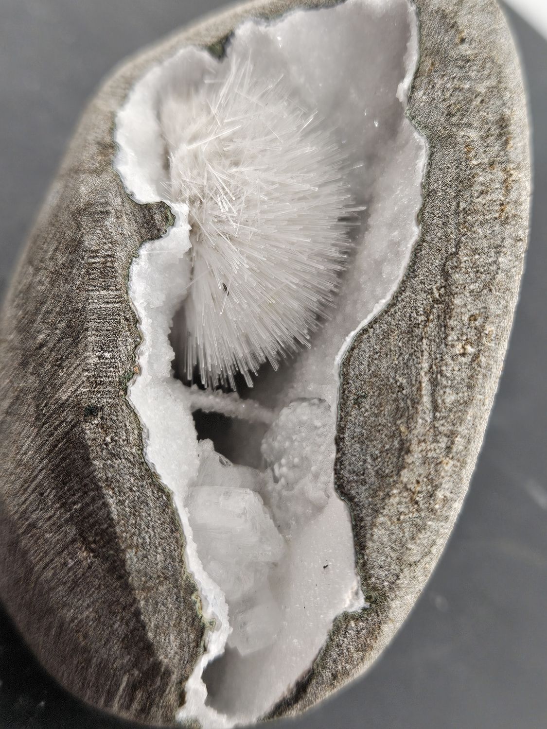 Scolecite Flower, w/Calcite, geode.