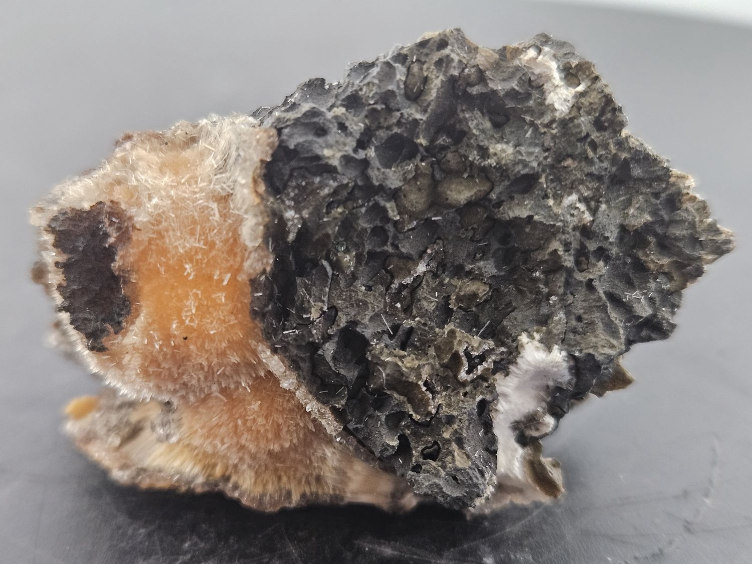 Orange Mesolite ball w/Heulandite base.  From India