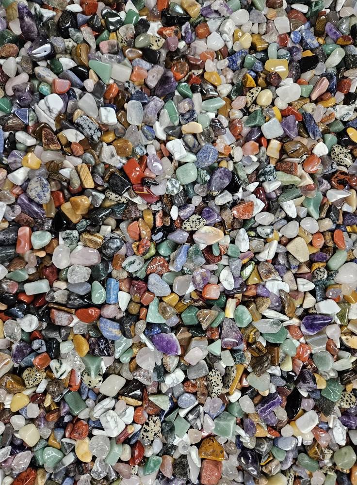Bag of polished rocks and minerals.