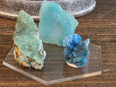 Assorted Smithsonite  and Hemimorphite on  acrylic display base!  3 pieces!