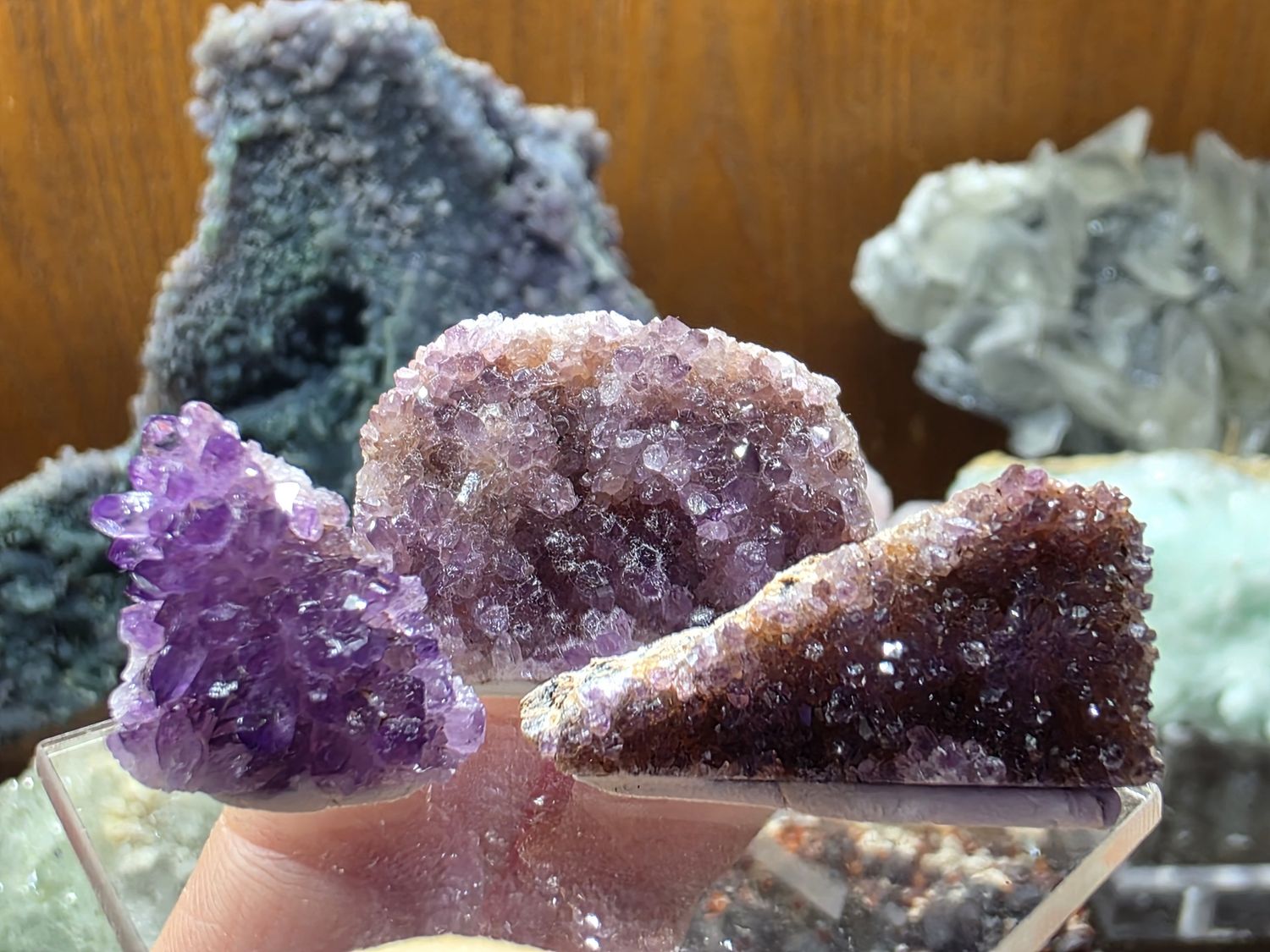 Turkish Amethyst on acrylic display base.  3 pieces!