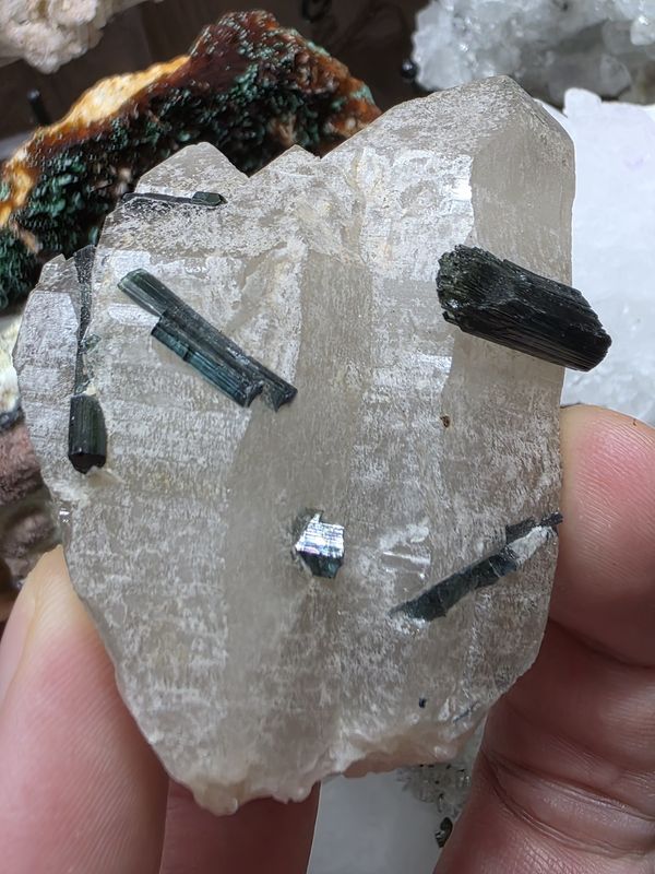 Teal Tourmaline on Quartz.  Beautiful piece!  Includes acrylic display stand!