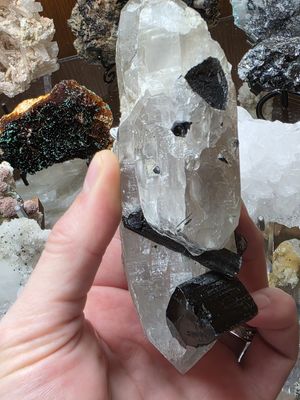 Black Tourmaline on Double Terminated Quartz Crystal w/micro Garnets &amp; Cookeite.  Includes acrylic display stand!