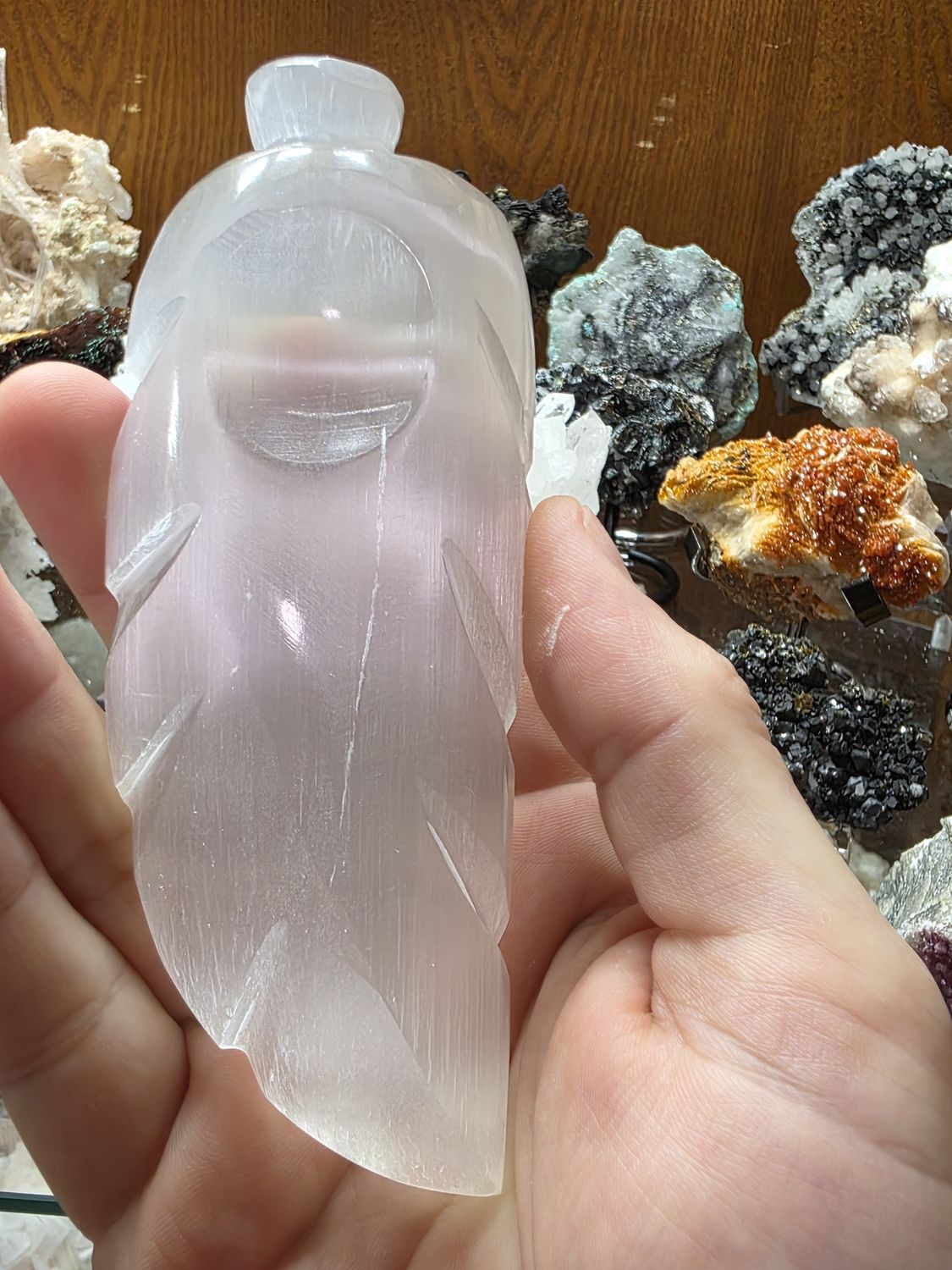 Selenite Feather, Leaf Sphere Holder