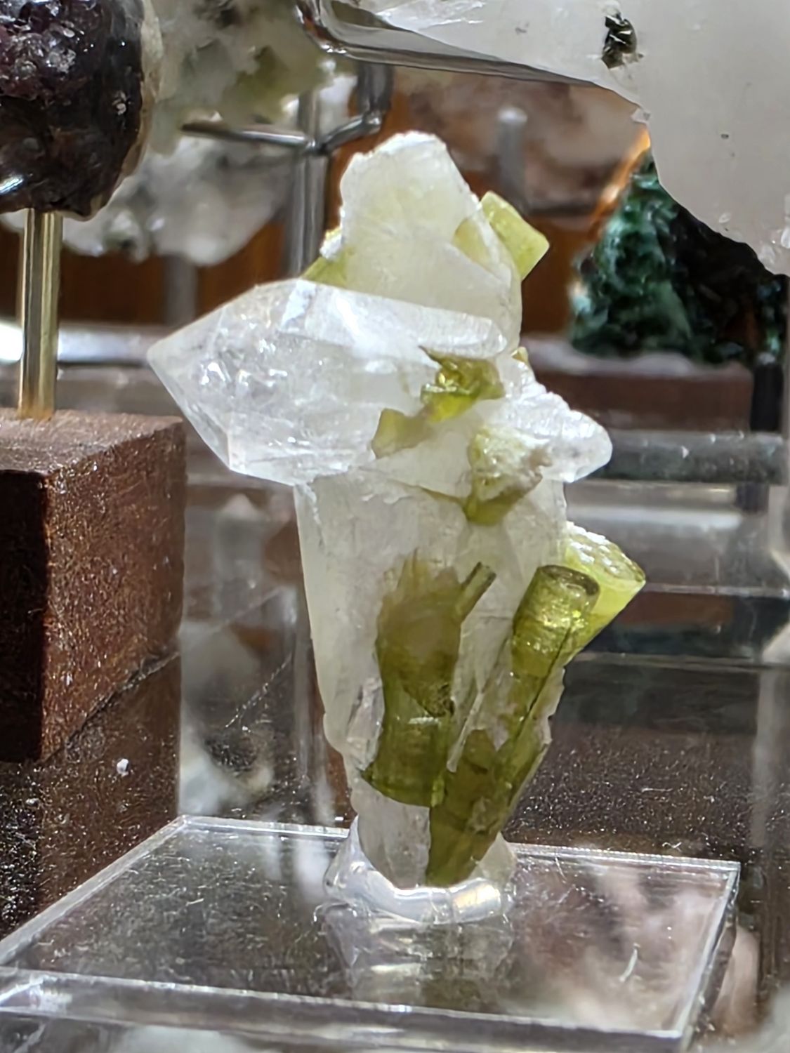 Green Tourmaline on Quartz crystals