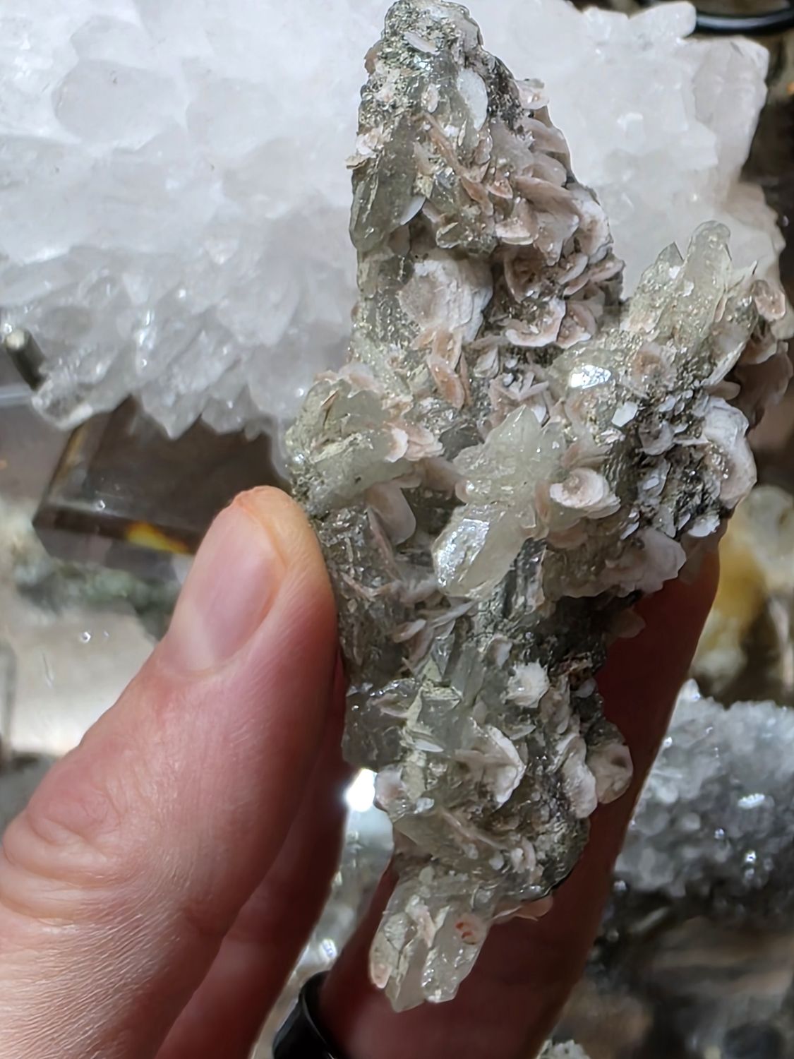 Fluorescent Calcite w/Hematite on Quartz, #2