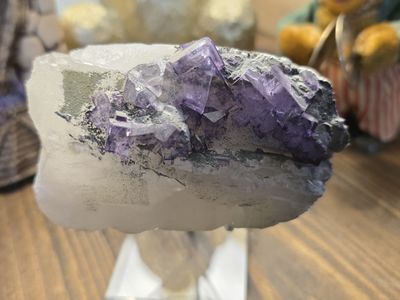 Quartz Crystal Point w/ Clusters of Zoned Purple Fluorite + Epidote