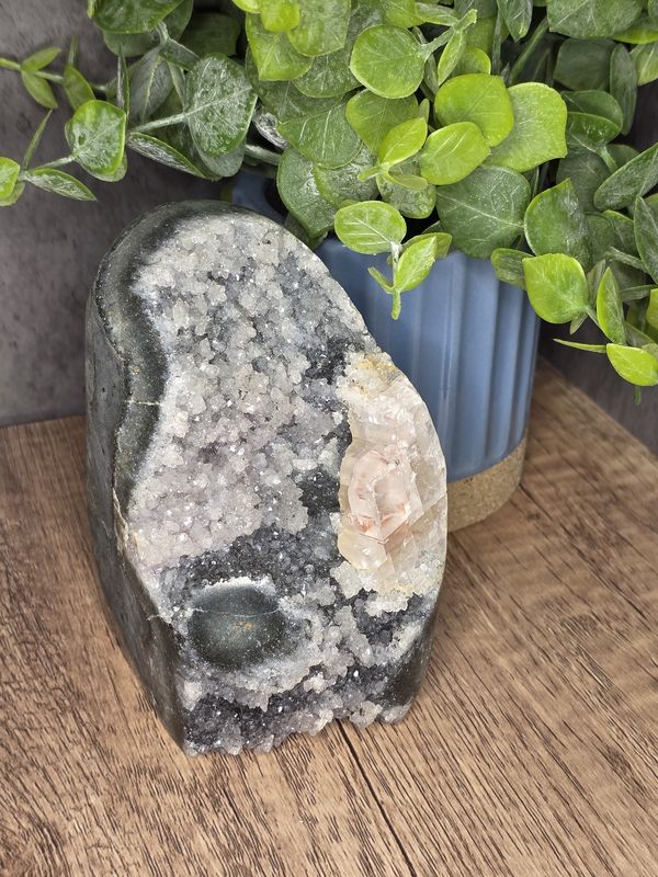 Druzy Rainbow Amethyst Cathedral, w/cut stalactites, Calcite &amp; cut base. Beautiful!