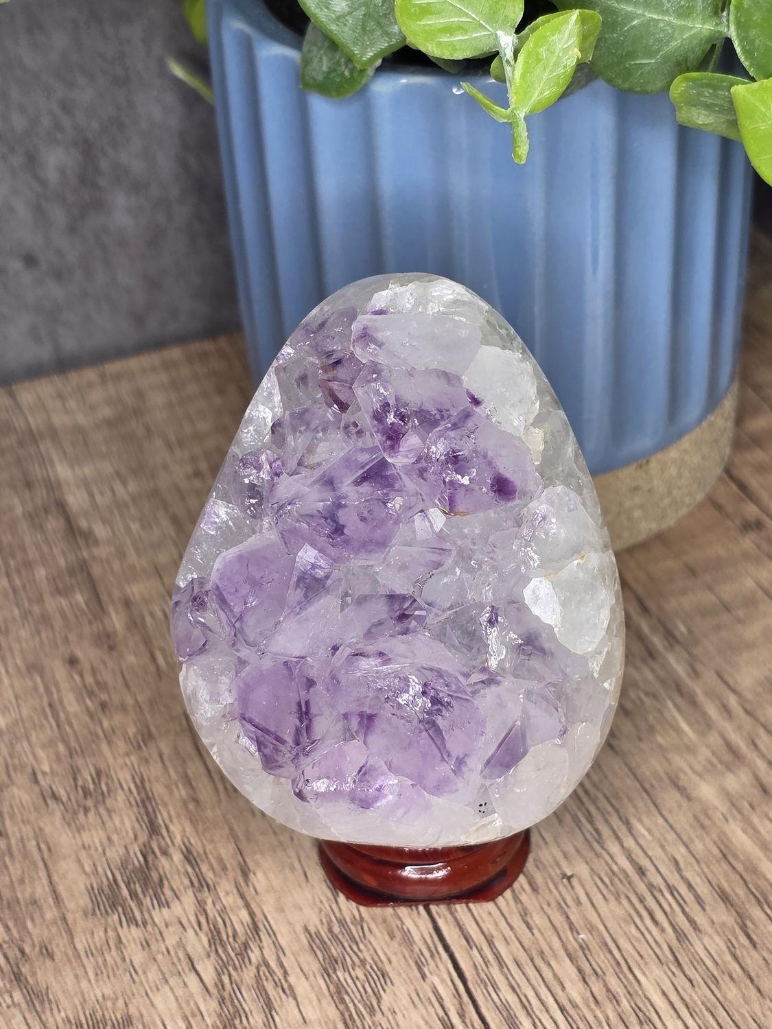 Amethyst Egg, w/wooden stand.