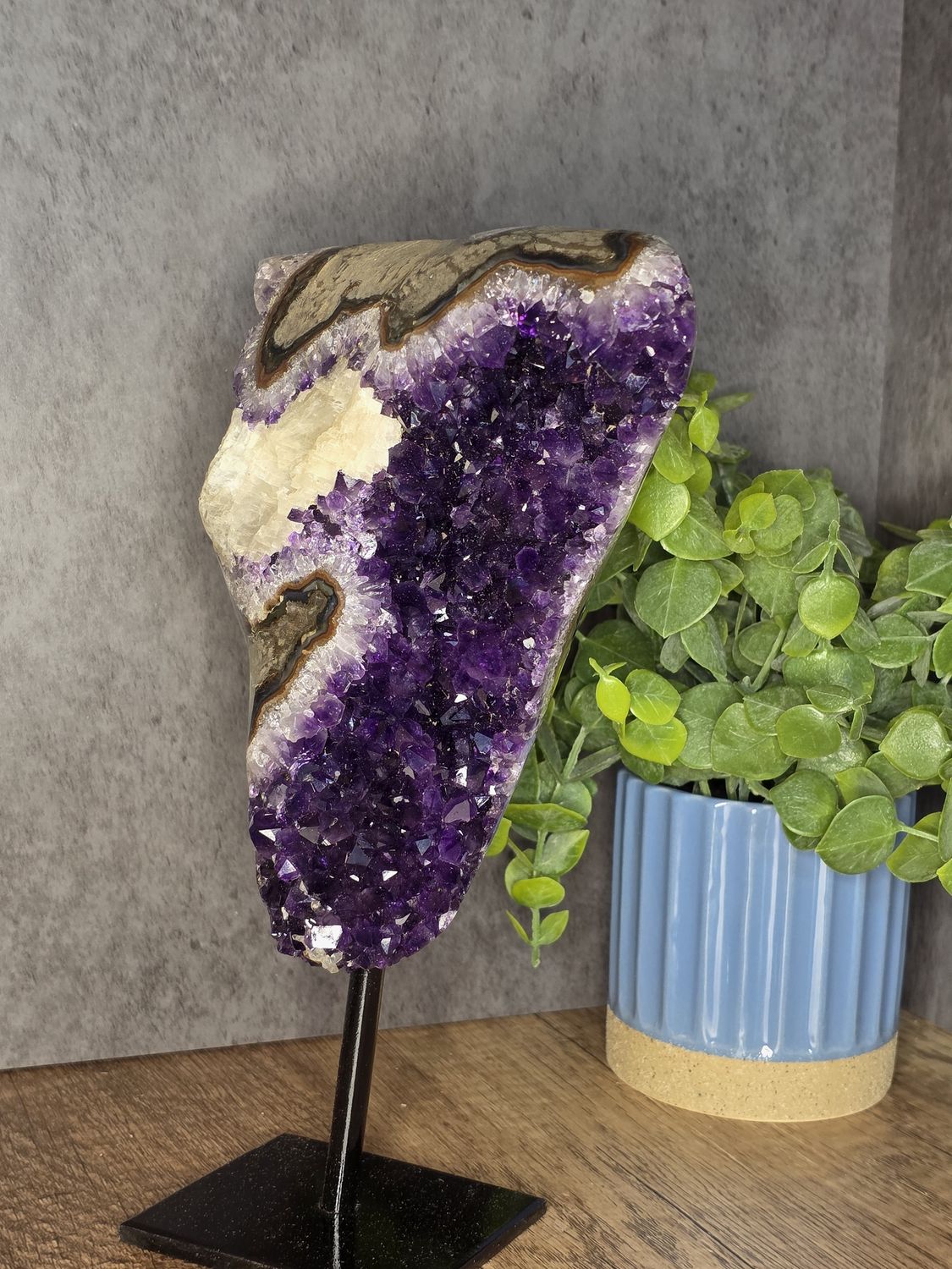 High quality Purple Amethyst w/Calcite on metal stand.