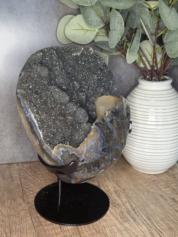 AMAZING Druzy, Rainbow Amethyst w/Calcite.  Includes custom metal stand!
