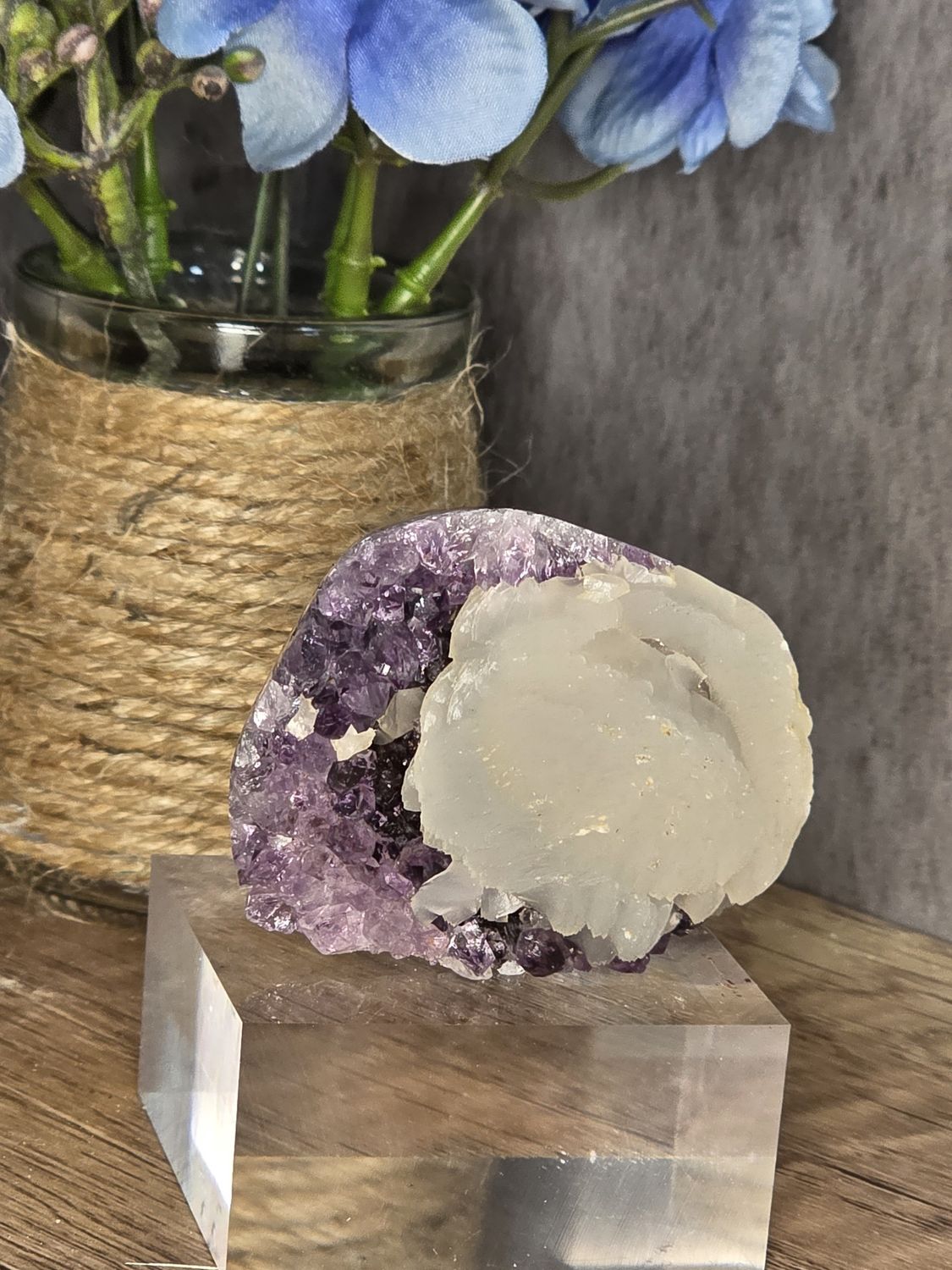 Purple Amethyst w/huge Calcite.  Includes acrylic stand!