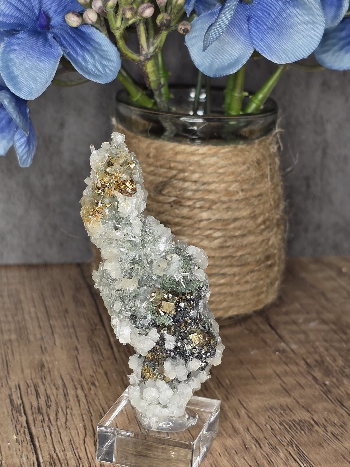 Calcite, Pyrite, Sphalerite &amp; Quartz on acrylic stand.