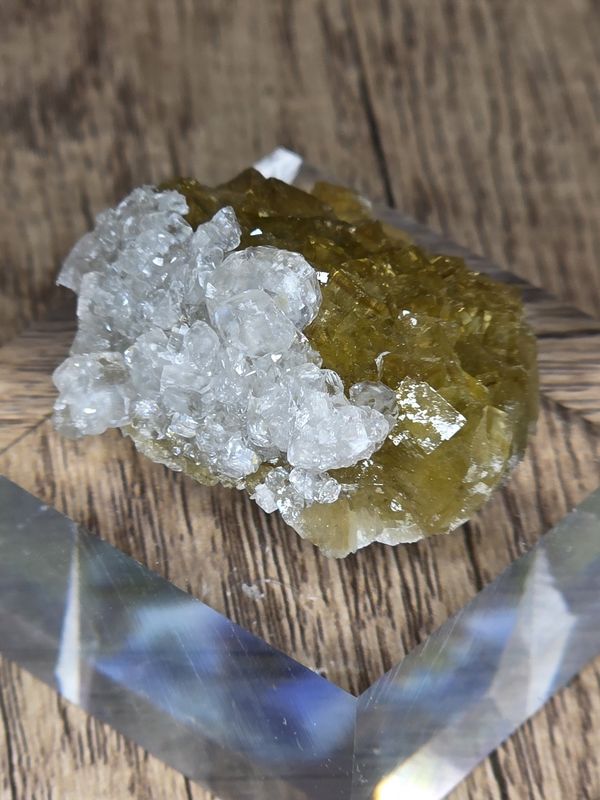 Yellow Fluorite w/Calcite on acrylic base