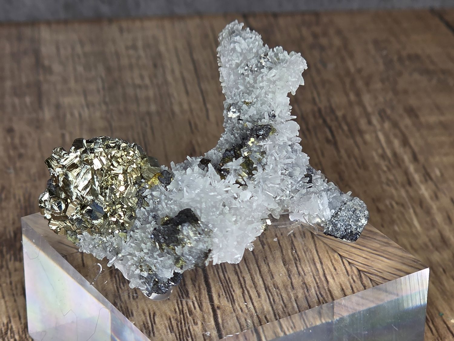 Sphalerite &amp; Pyrite on Quartz.  On acrylic base!