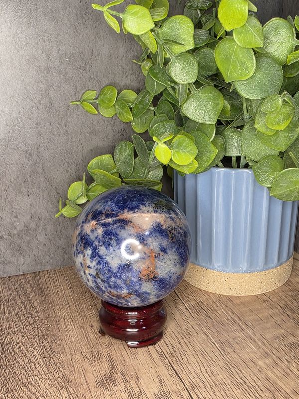 Sodalite sphere &amp; wooden stand