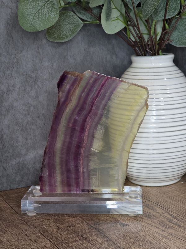 Rainbow Fluorite slab on acrylic base.  Amazing piece!