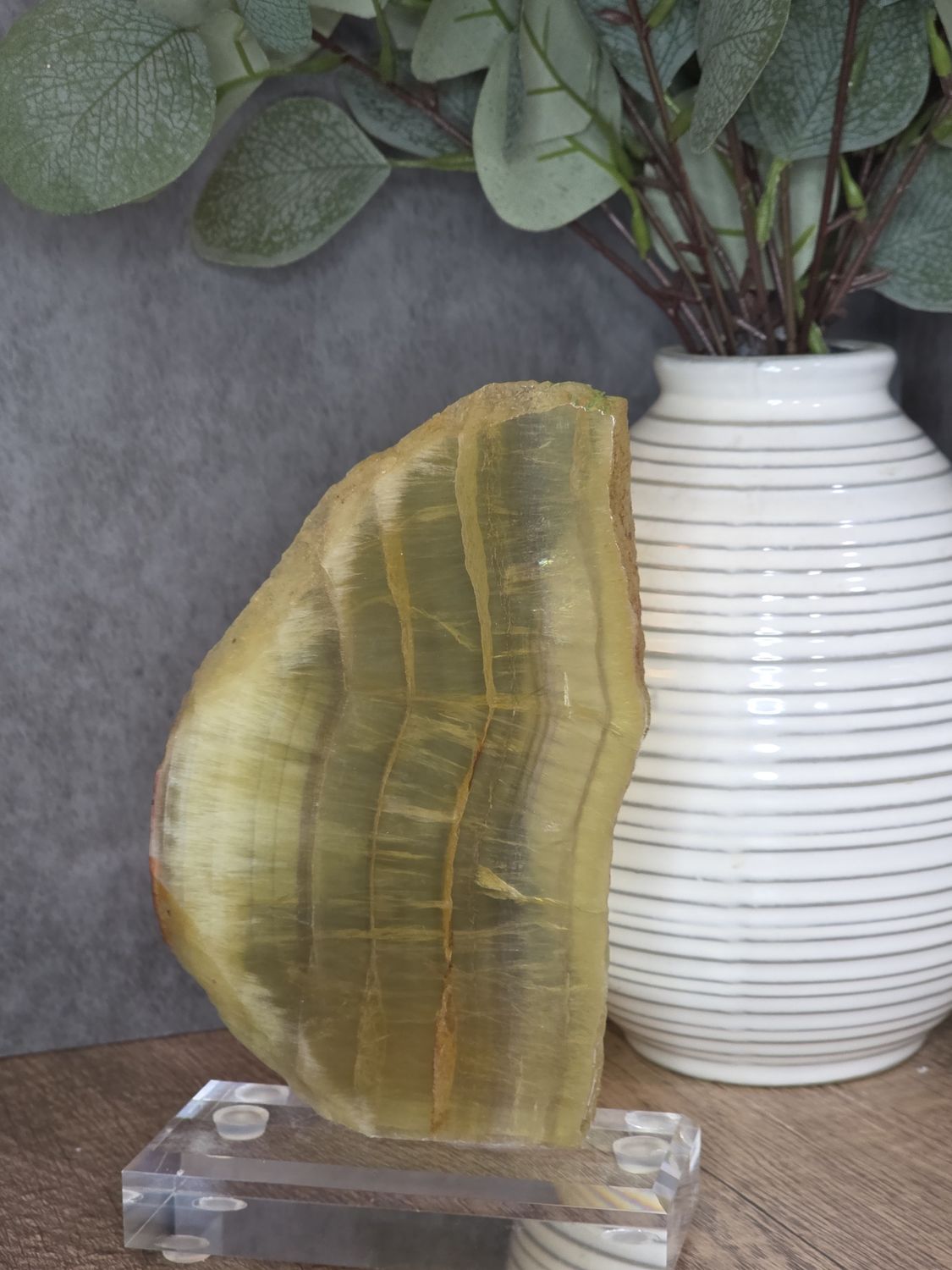 Yellow Fluorite slab on stand.  Amazing piece!