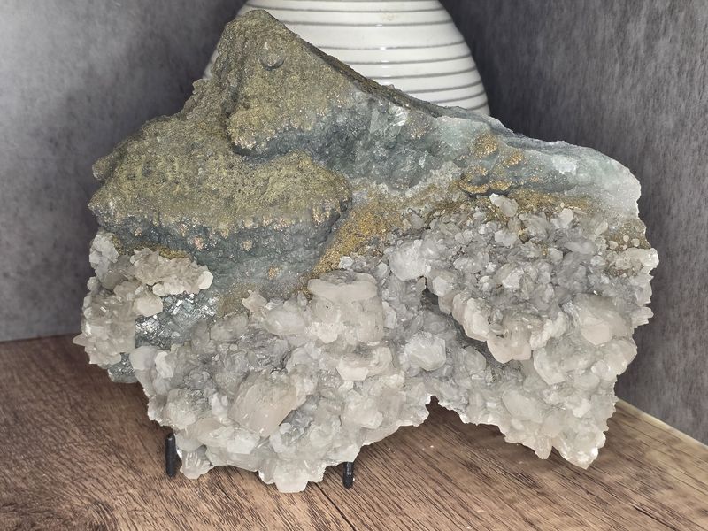 Druzy Pyrite over etched Green Fluorite in matrix w/Calcite