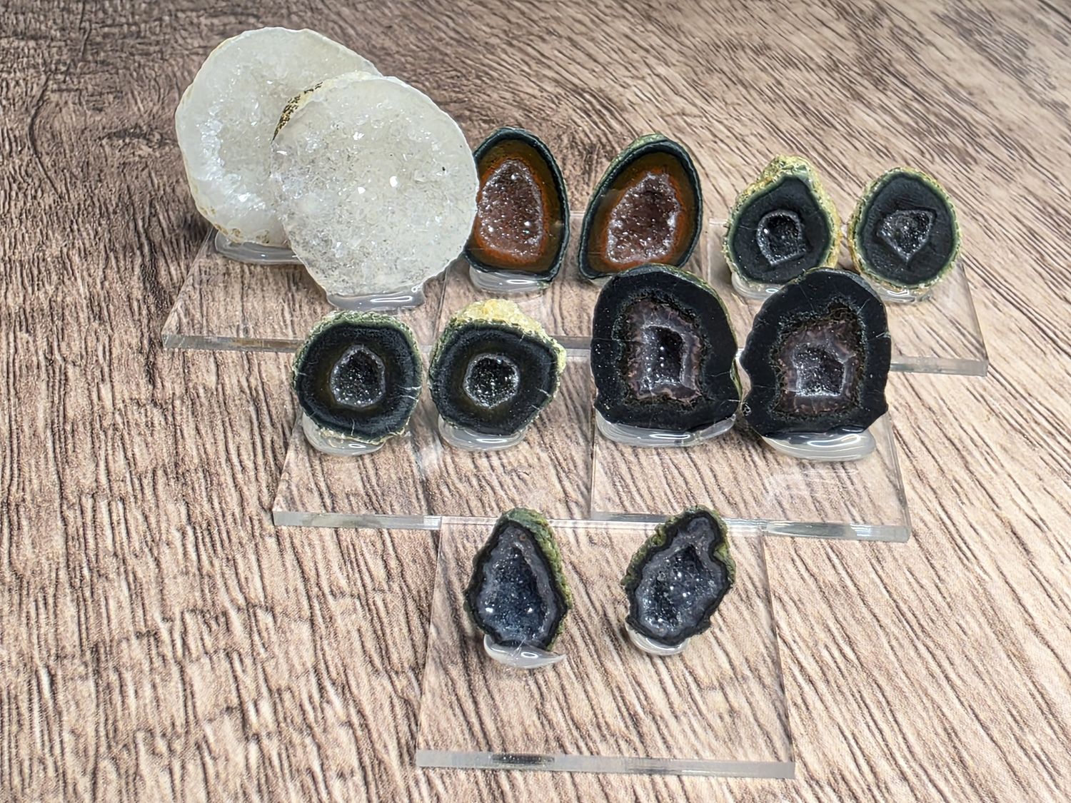Tabasco Geode pair, on glass stand