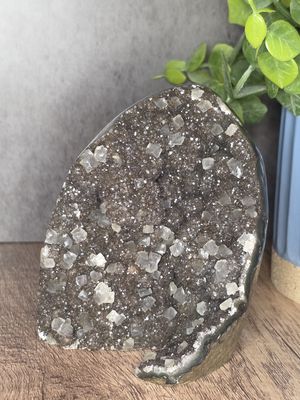 Black Galaxy Amethyst w/Calcite.  w/freestanding cut base