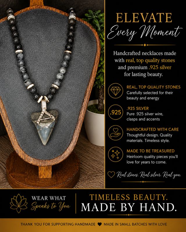 Lava Stone, Larvikite, Bone and shark tooth, necklace!