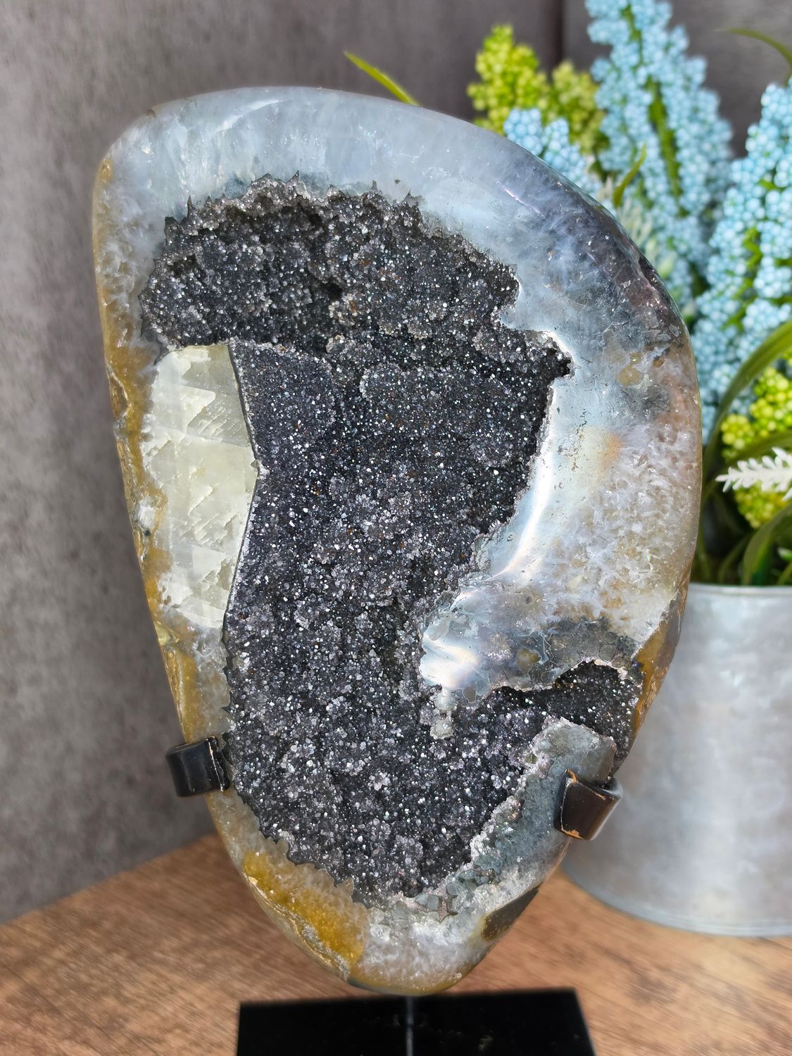 Black Galaxy Amethyst geode w/Calcite.  Includes custom stand!