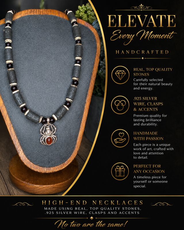 Garnet, Lava stone &amp; bone, Spider necklace!