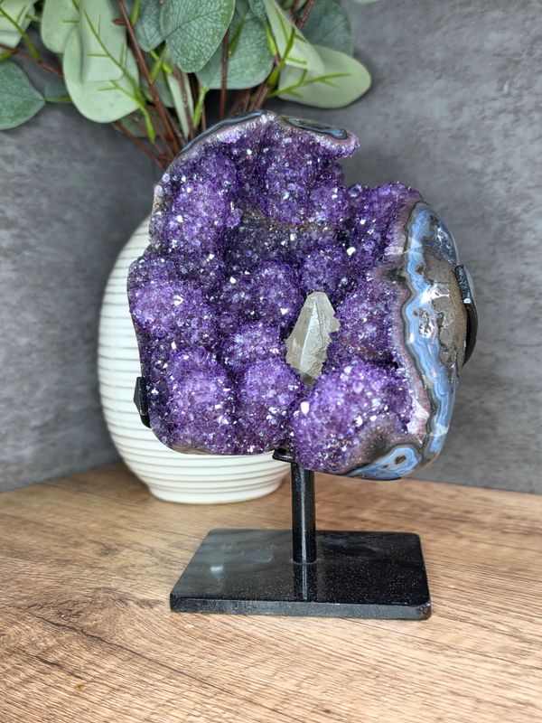 Amethyst geode w/Calcite in Blue Agate matrix.  Includes custom stand!