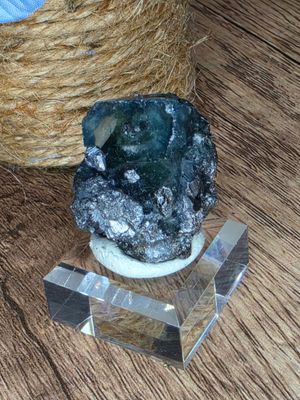 Green Fluorite w/Galena on stand.  From Peru!