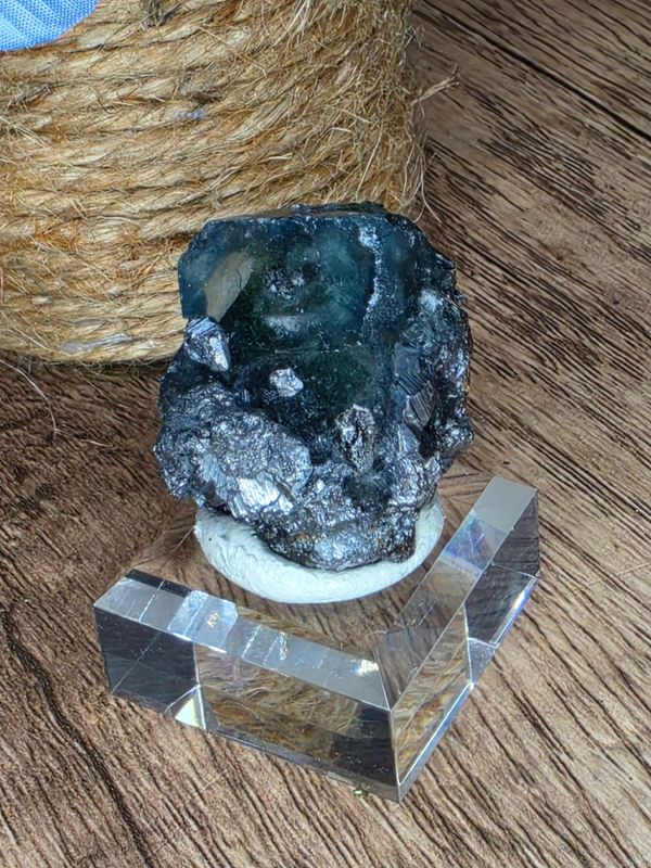 Green Fluorite w/Galena on stand.  From Peru!