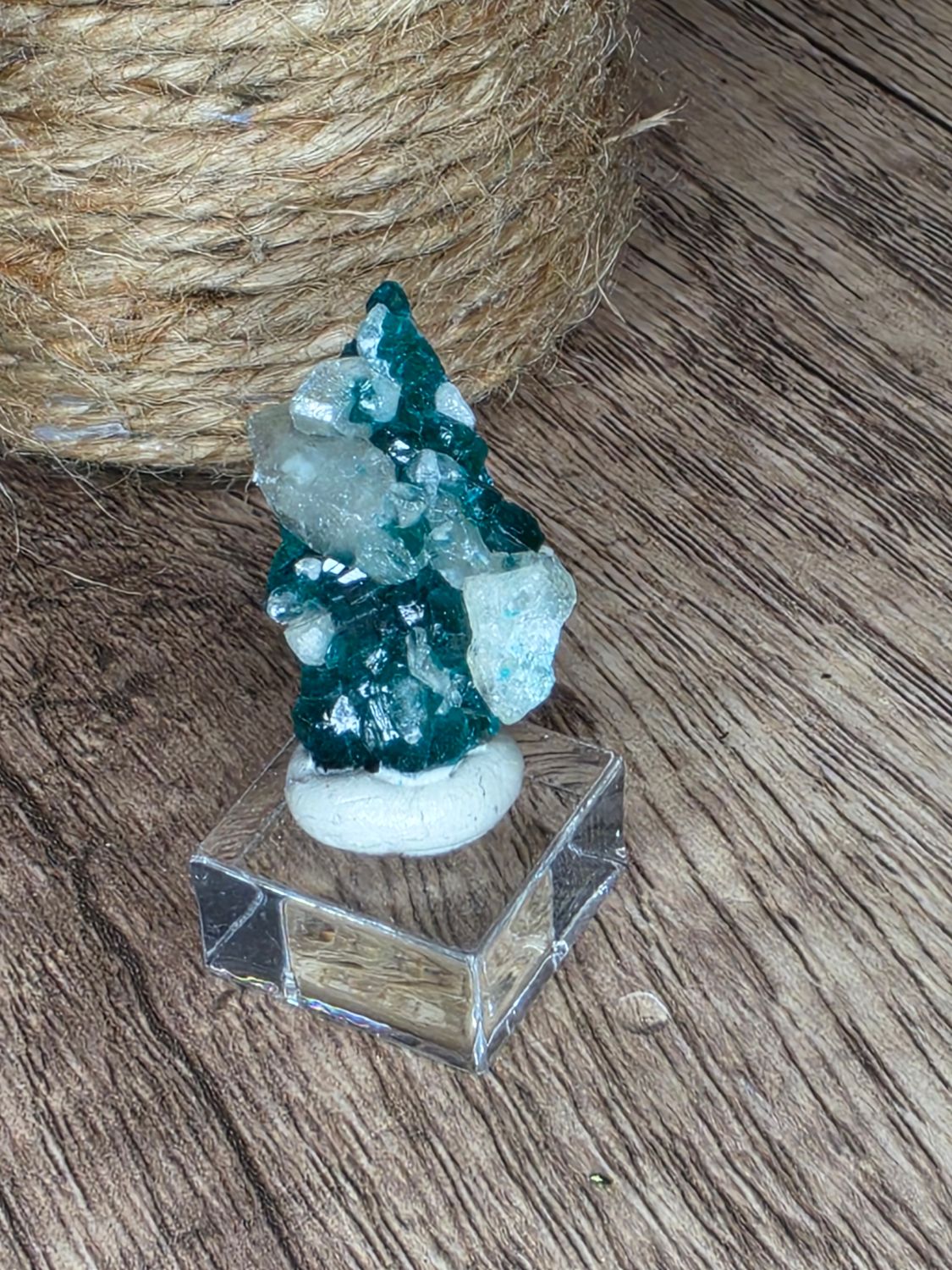 Dioptase w/Calcite #2.  Includes stand!
