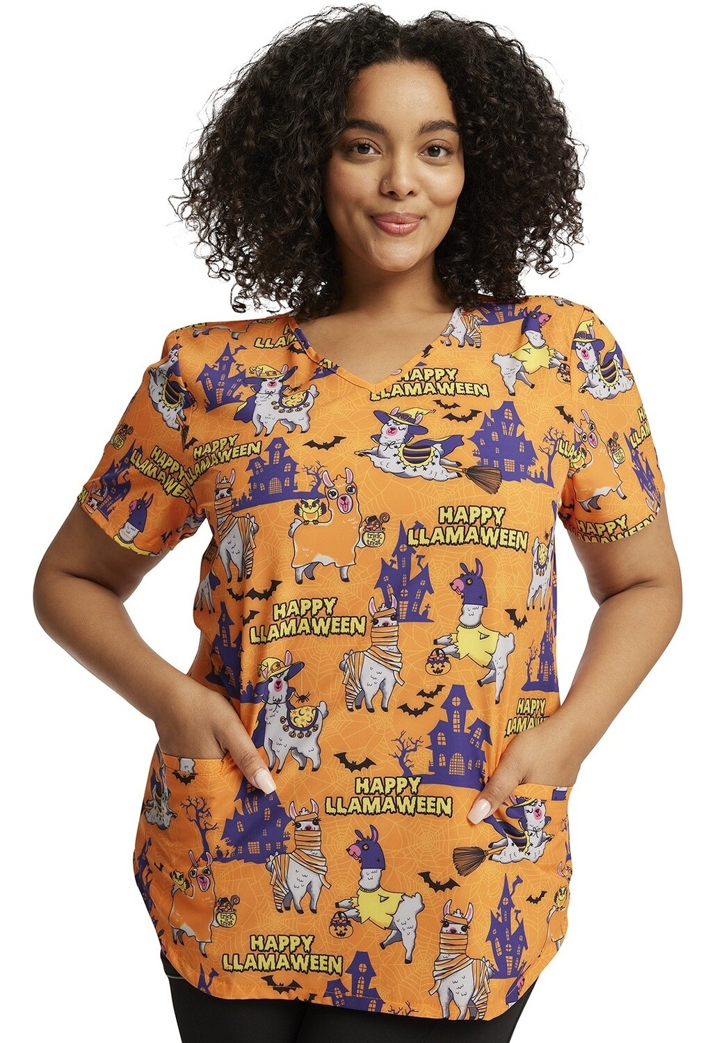 Cherokee Print V-Neck Top Happy LLamaween, Color: Happy Llamaween, Size: 2X Small