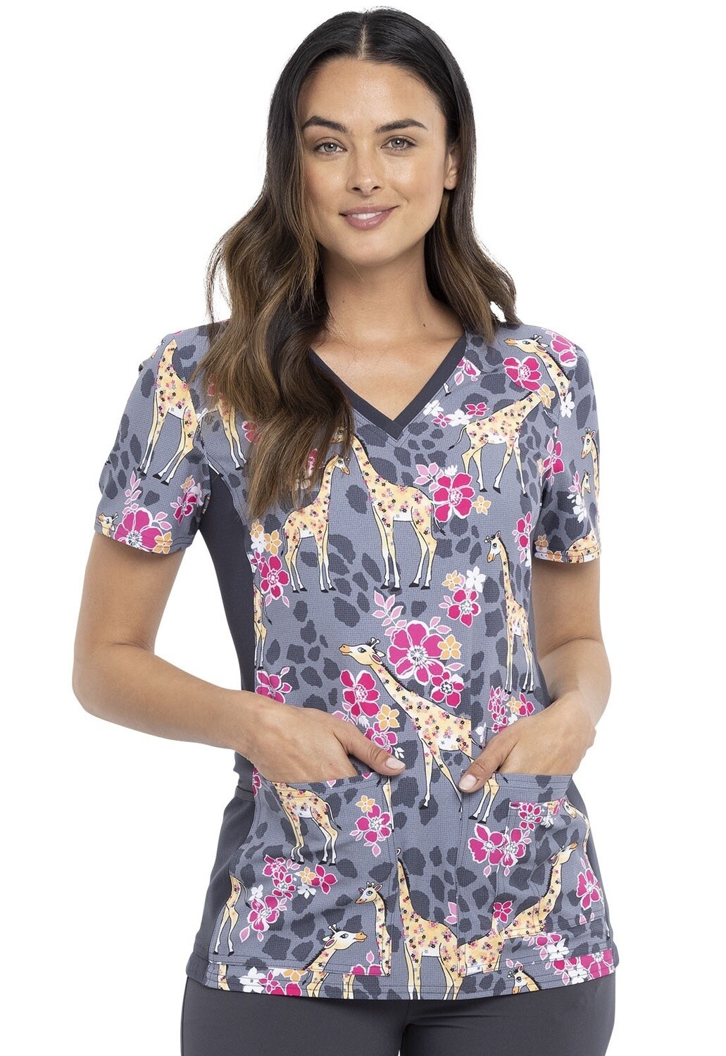 Cherokee IFlex V-Neck Knit Panel Top Spotted In The Wild, Size: X Small