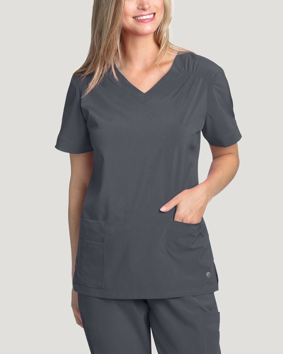 White Cross  FIT V-Neck Top with Shoulder Ruching, Color: Pewter, Size: 2X Small