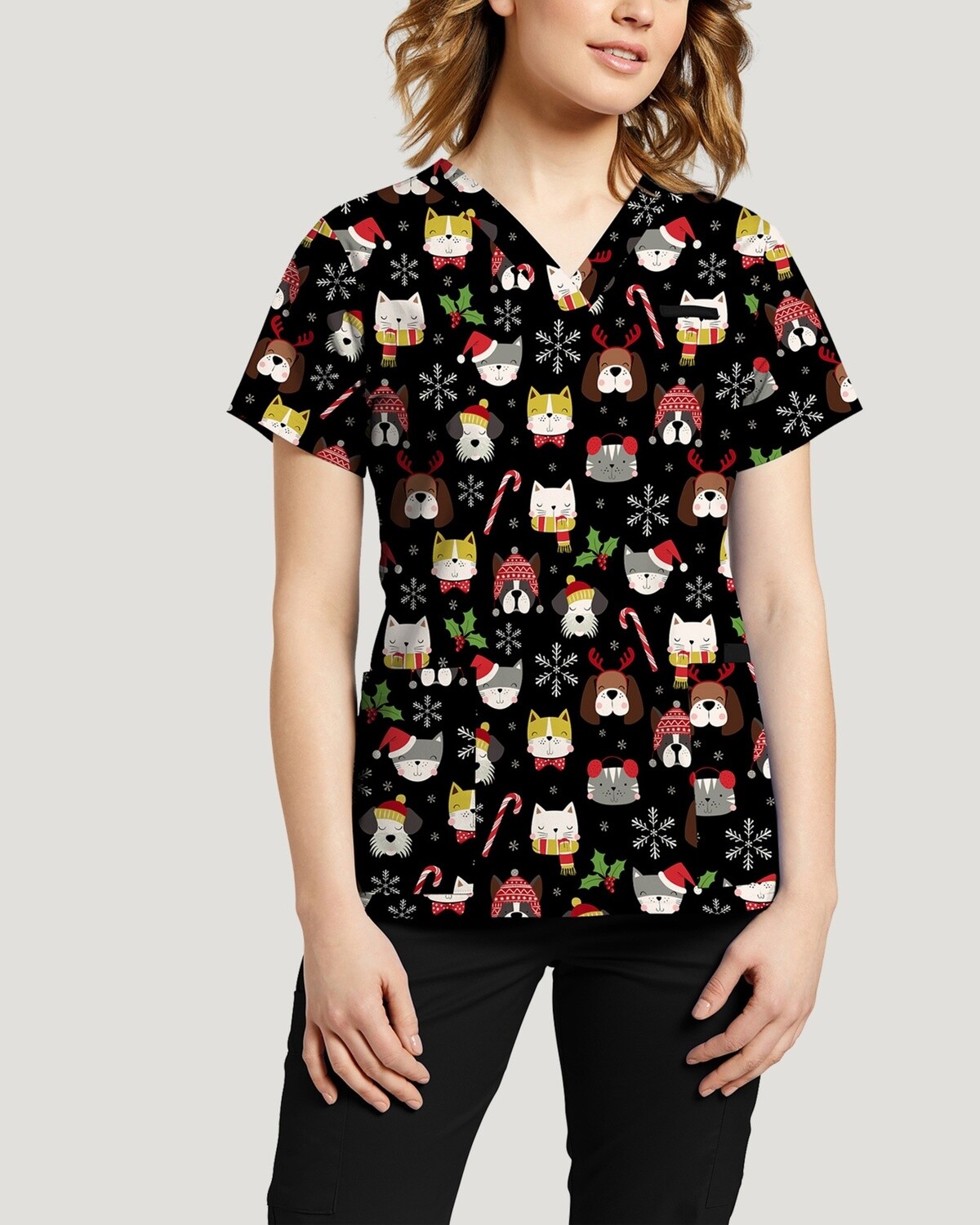 White Cross Women&#39;s V-Neck Print Top Santa Paws Xmas