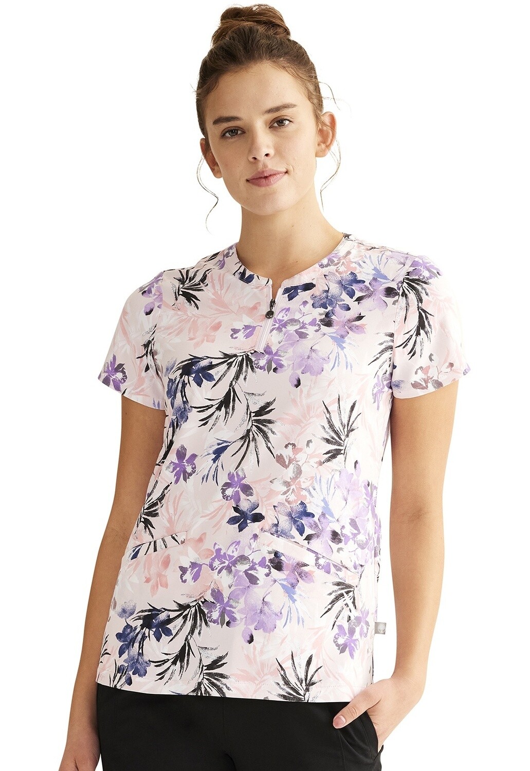 Healing Hands Ivy Top Zip Pull Over Mandarin Collar Blooming  Day