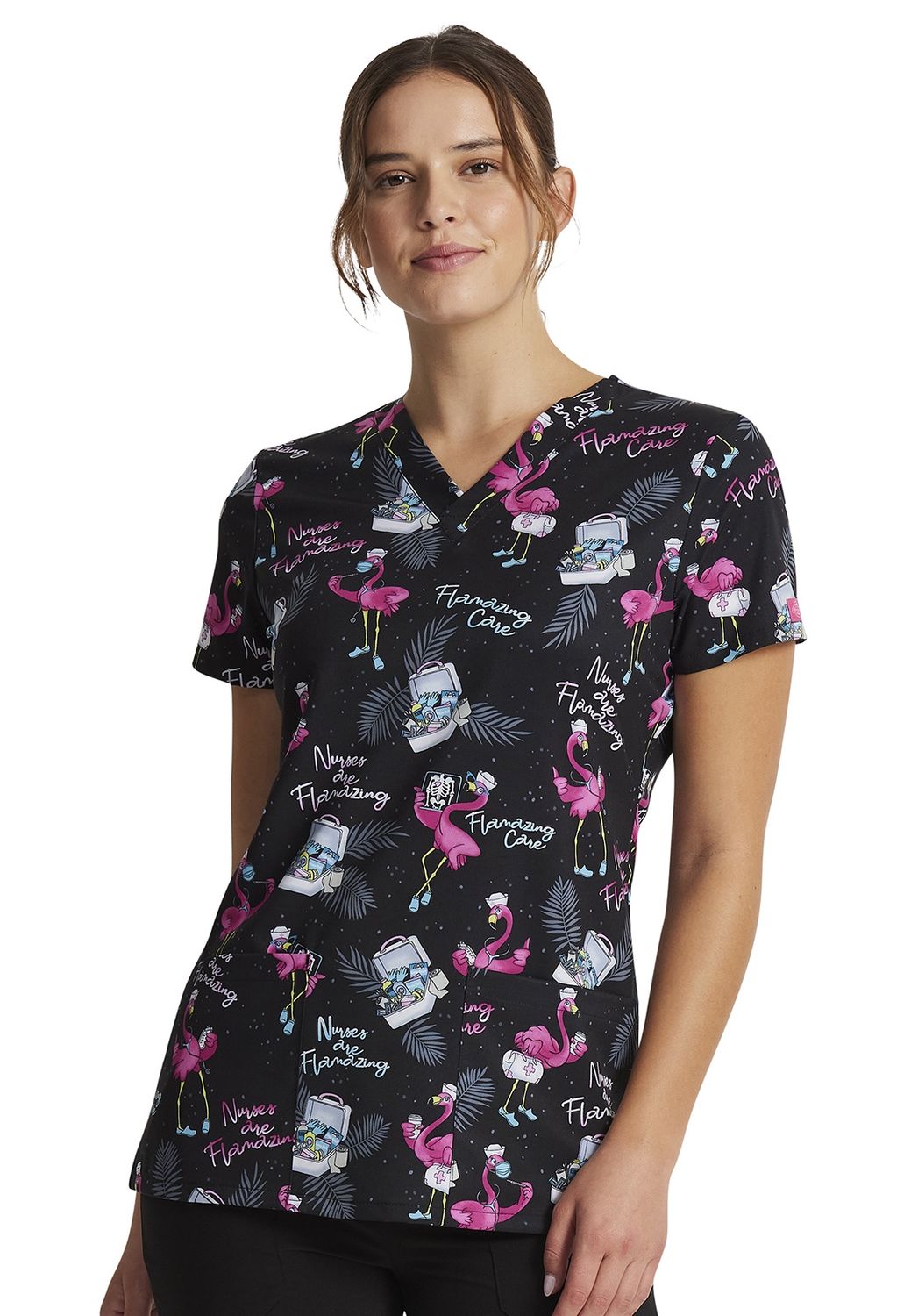 Dickies EDS V-Neck Print Top in Flamazing Care, Colour: Flamazing Care, Size: 2X Small