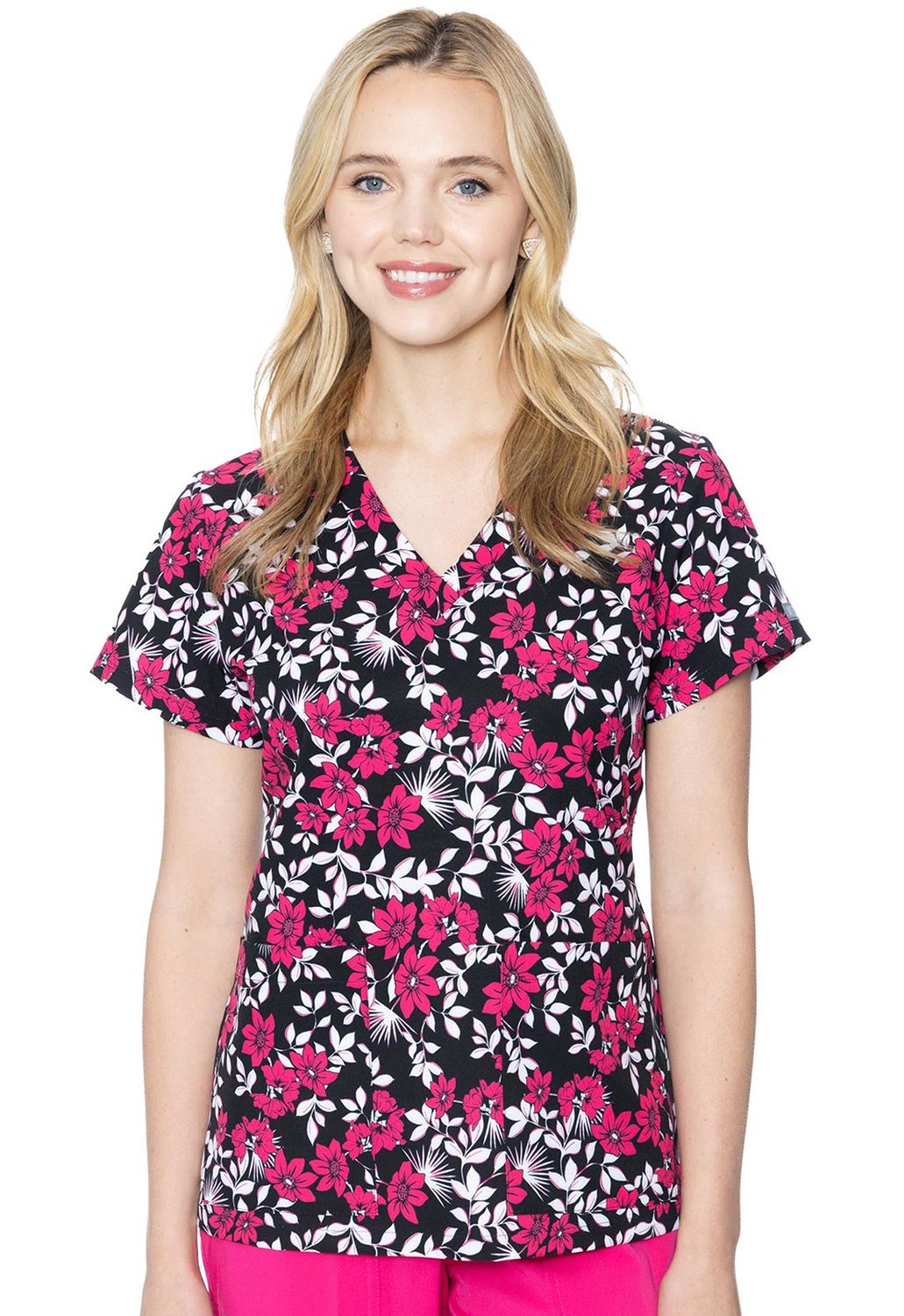 MedCouture Women&#39;s V-Neck Print Top Pink Flower Power