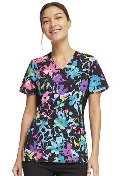 Cherokee iFlex Mock Wrap Knit Panel Print Top in Rainbow Fleurs