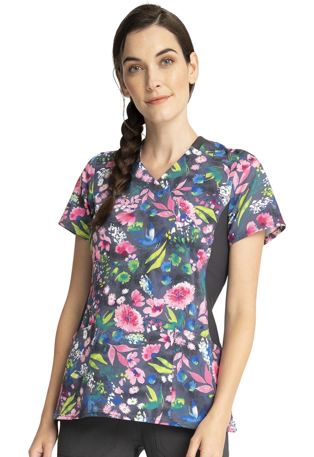 Cherokee iFlex Mock Wrap Knit Panel Print Top Watercolor Petals, Color: Watercolor Petals, Size: 2X Small