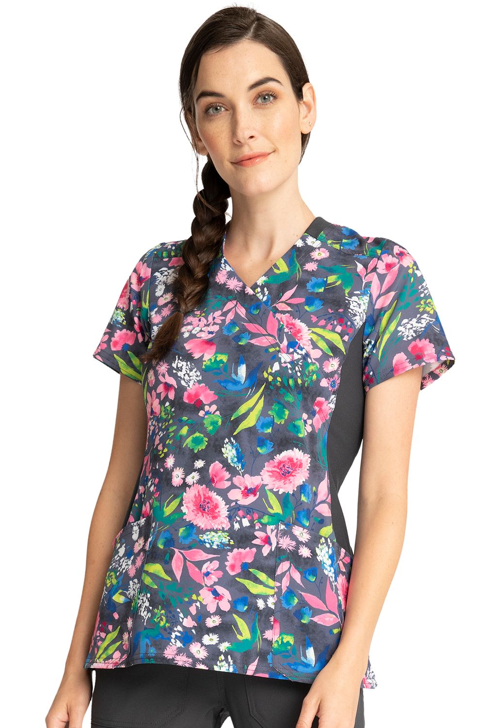 Cherokee iFlex Mock Wrap Knit Panel Print Top Watercolor Petals