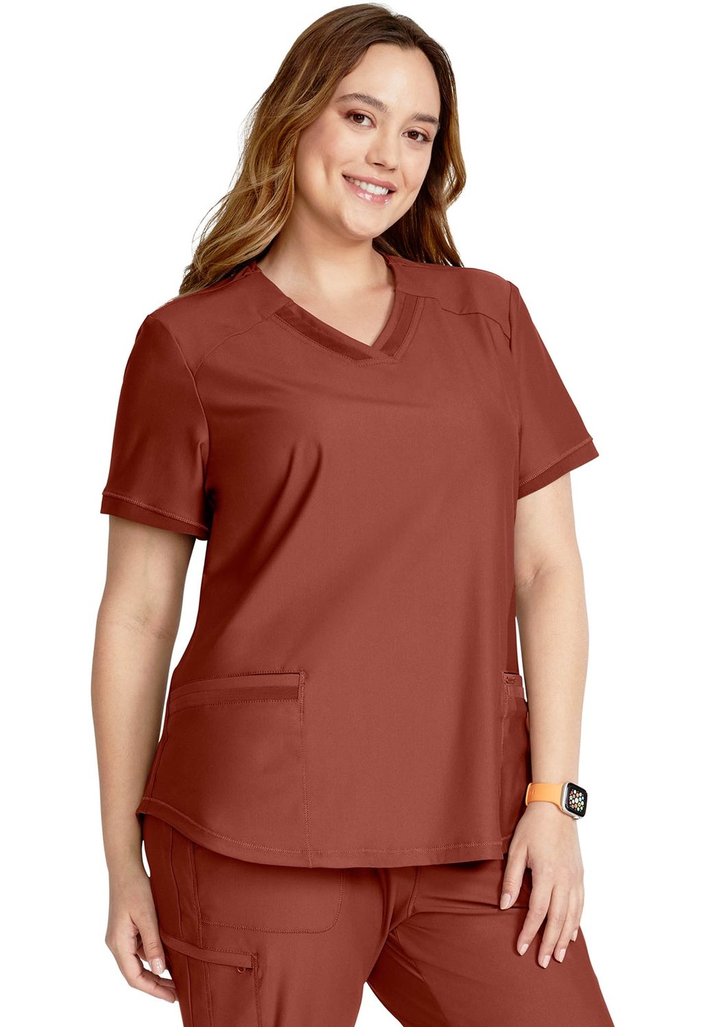 Cherokee Form Women&#39;s V-Neck Top with Welt Pockets in Masala, Colour: Masala, Size: 2X Large