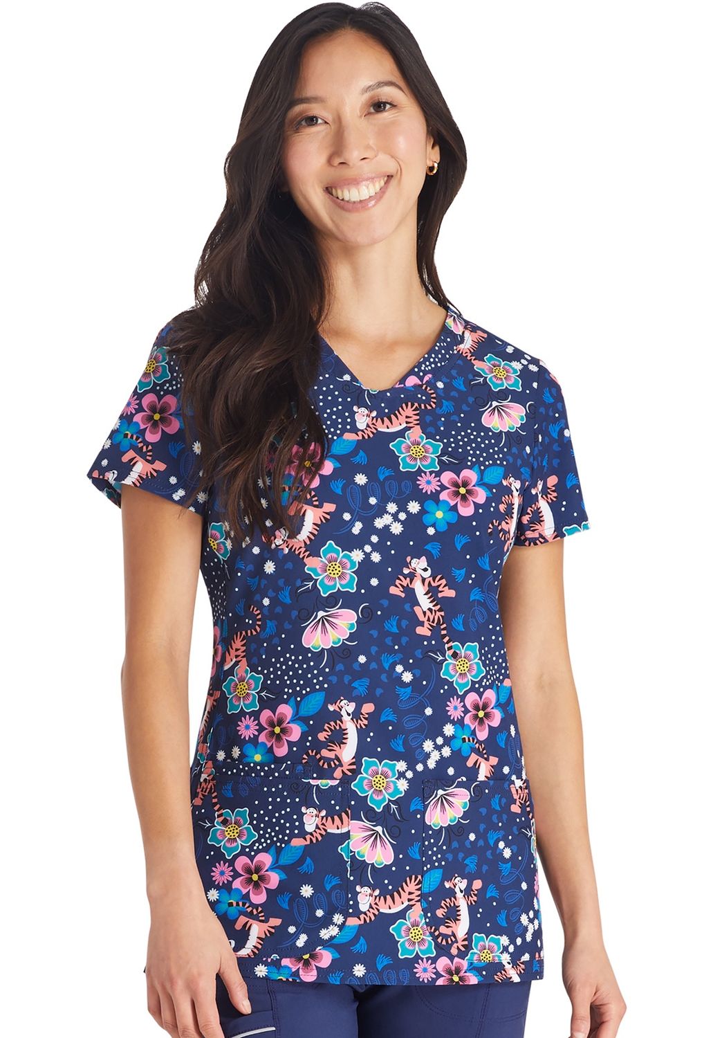 Cherokee Licensed Shaped V-Neck Print Top in Tigger Bounces