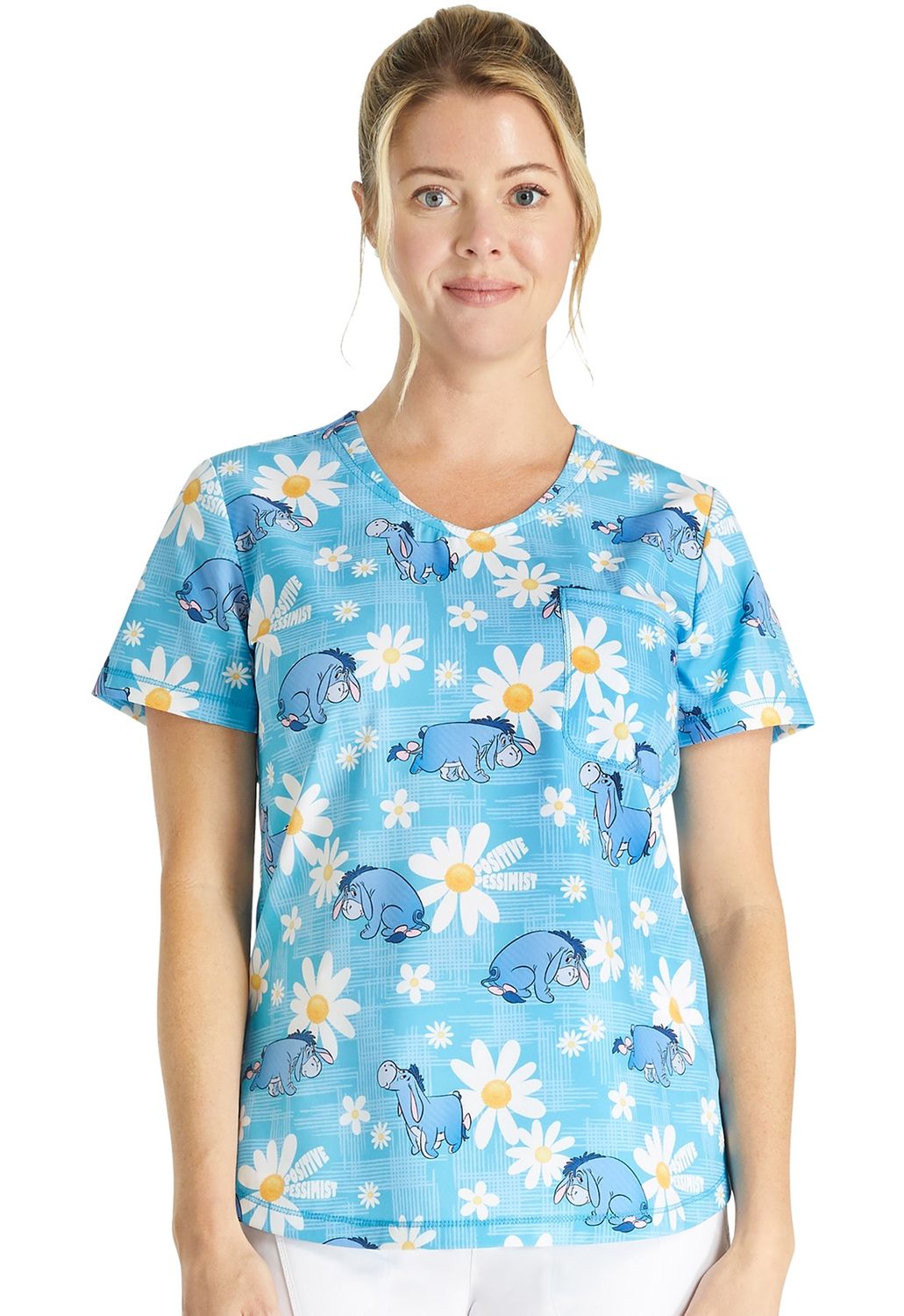 Cherokee Licensed Rounded Print V-Neck Top in Positive Pessimist