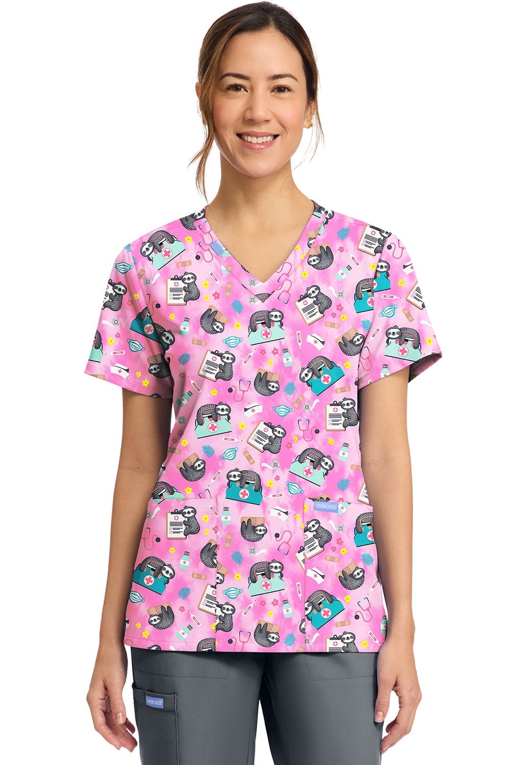 Cherokee Prints Women&#39;s V-Neck Top  in Nurse Sloth, Size: X Small, Colour: Nurse Sloth