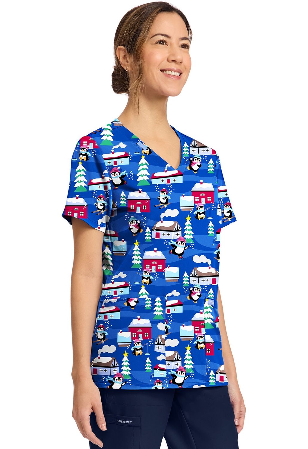 Cherokee Prints Women's Print V-Neck Top in PENGUINS PLAYING