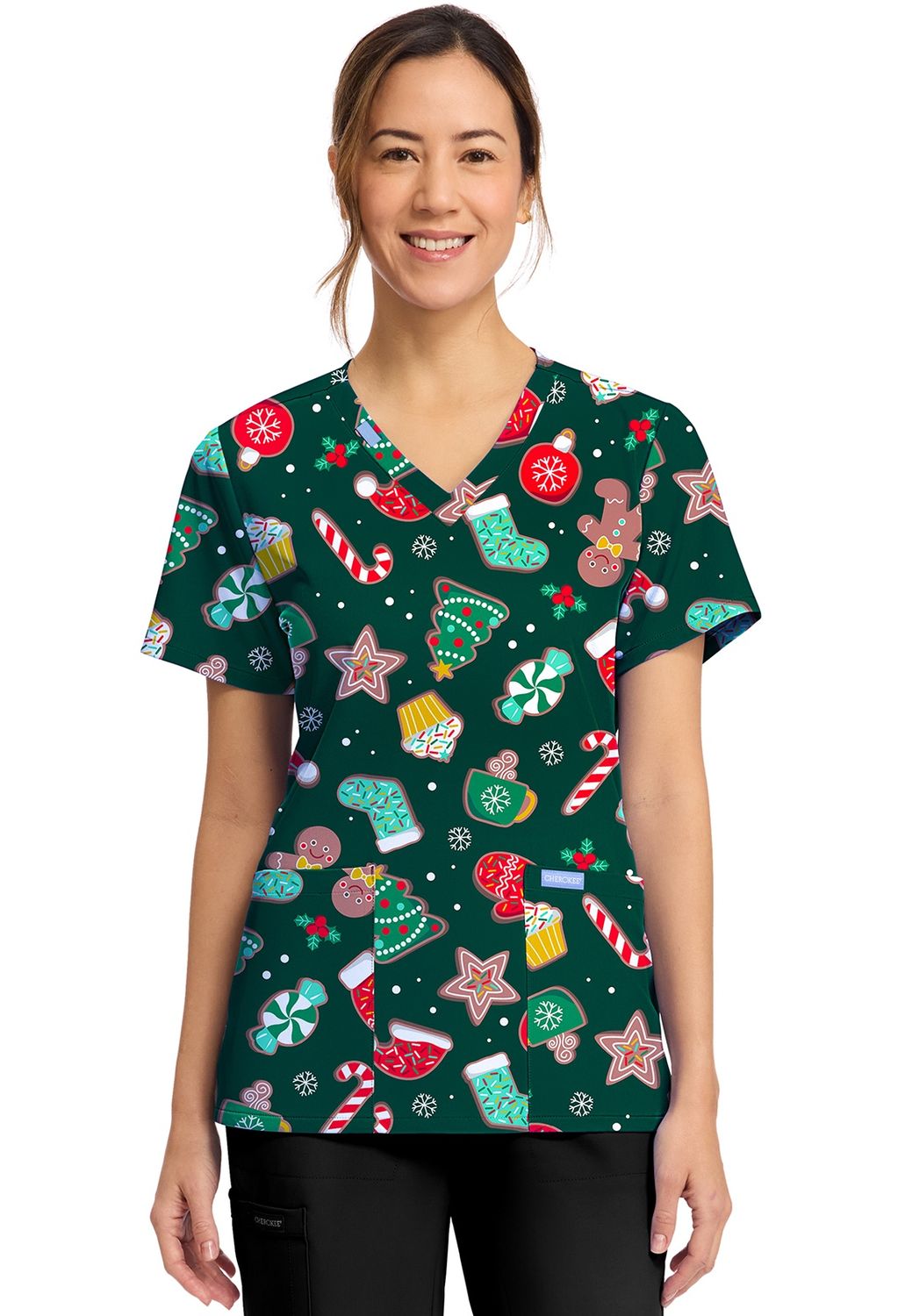Cherokee PrintsWomen&#39;s Print V-Neck Top in WAITING FOR SANTA, Colour: Waiting for Santa, Size: X Small